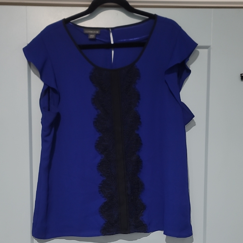 Covington Blue Blouse with Black Lace Detail
